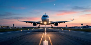 Commercial airplane on airport runway at sunset with dramatic sky