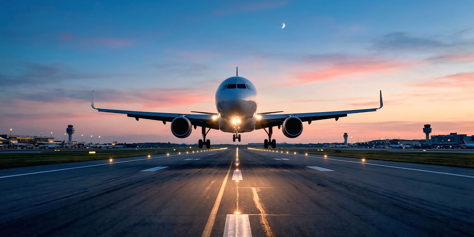 Commercial airplane on airport runway at sunset with dramatic sky