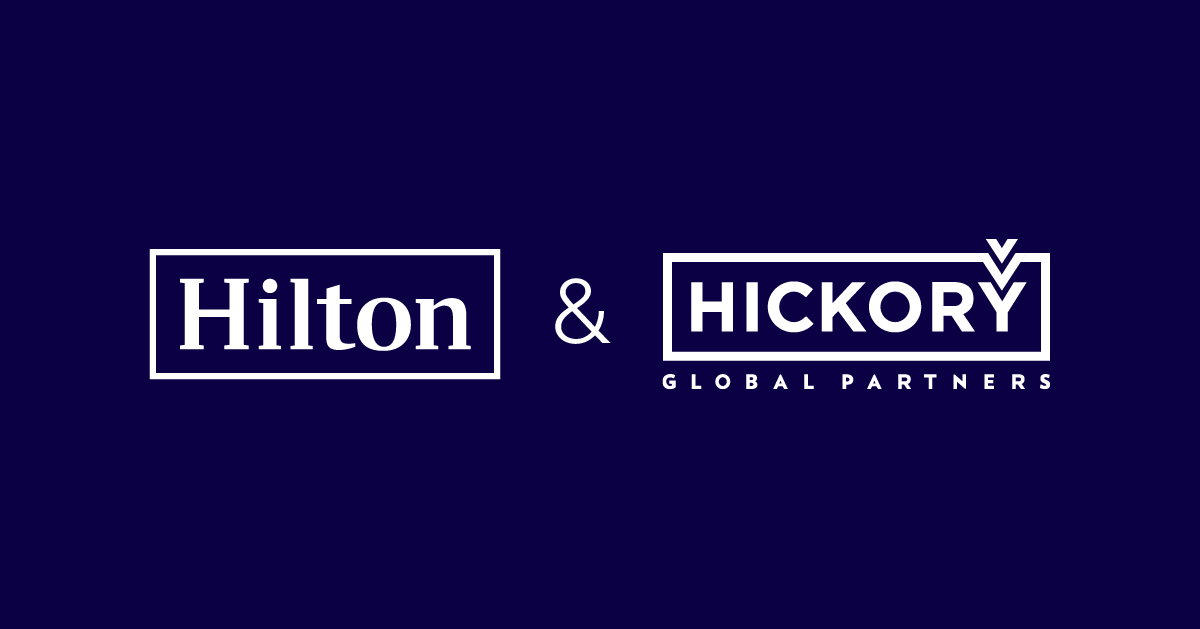Hilton and Hickory Global Partners company logos displayed on dark purple background.